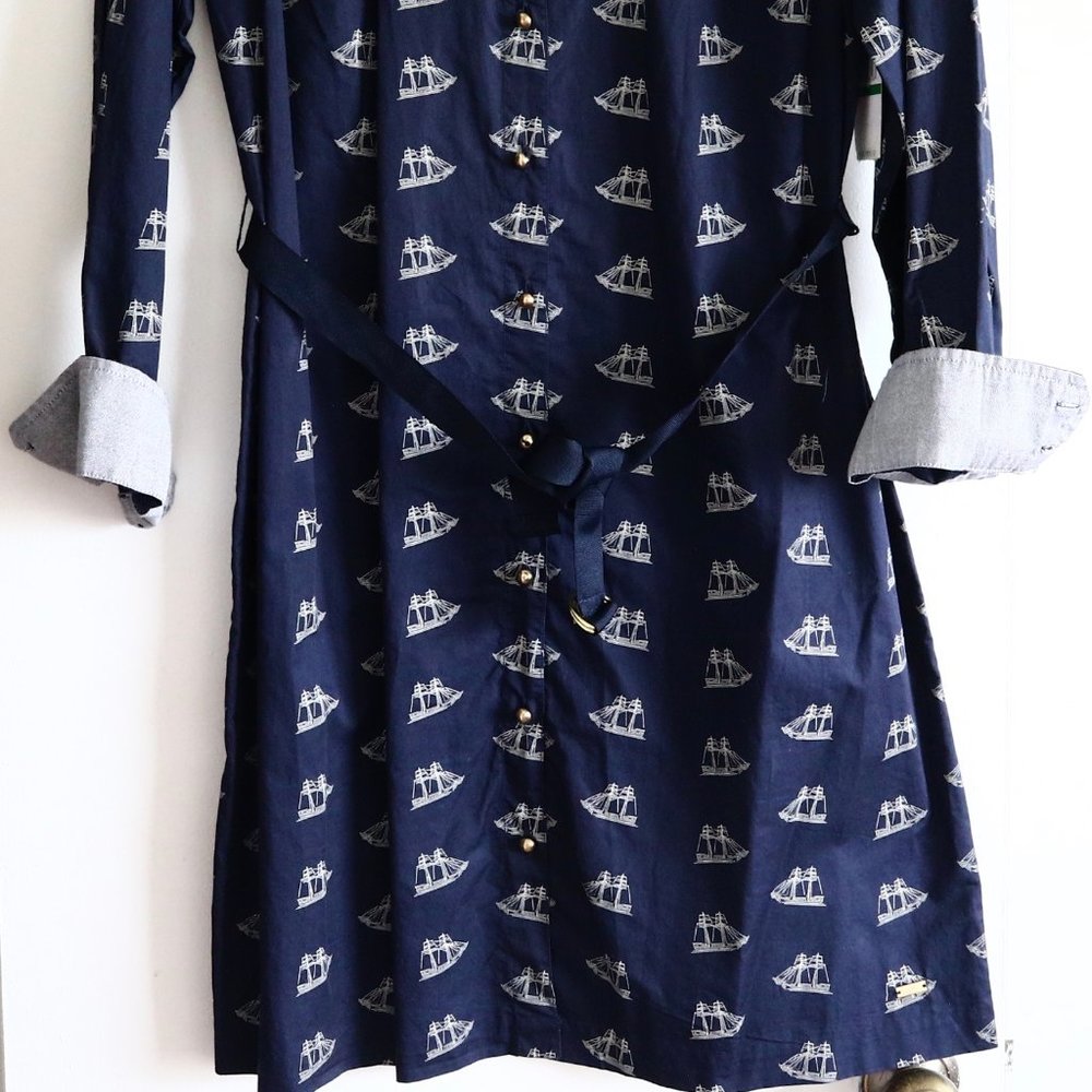Tommy Hilfiger Shirtdress Button Down Shirt Dress Blue 100% Cotton Sailing Ship - Picture 6 of 7